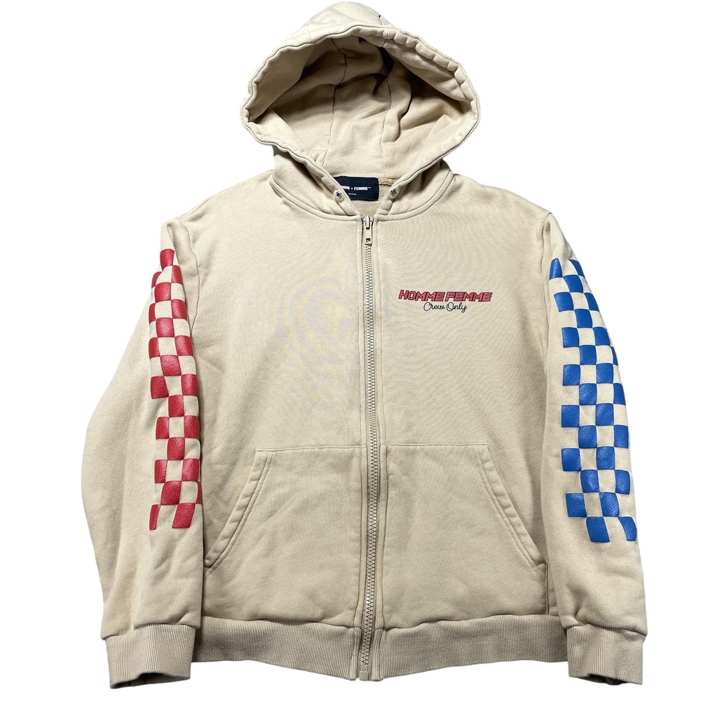 Homme + Femme Hoodie Mens Medium Beige 500 Racing Graphic‎ Full Zip Sweatshirt